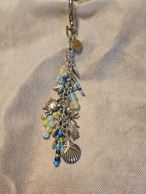 Silver Sea Charm Keychain with Blue and Lime Beads